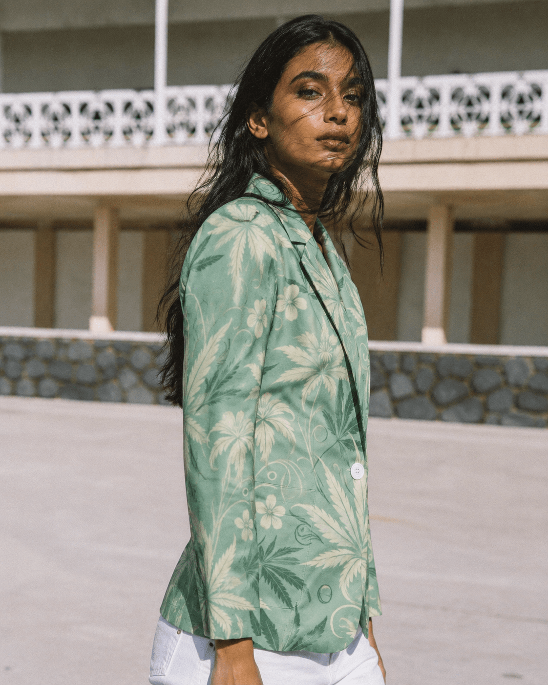 Jane Dope Durban all-over print oversized shirt blazer, back view on model
