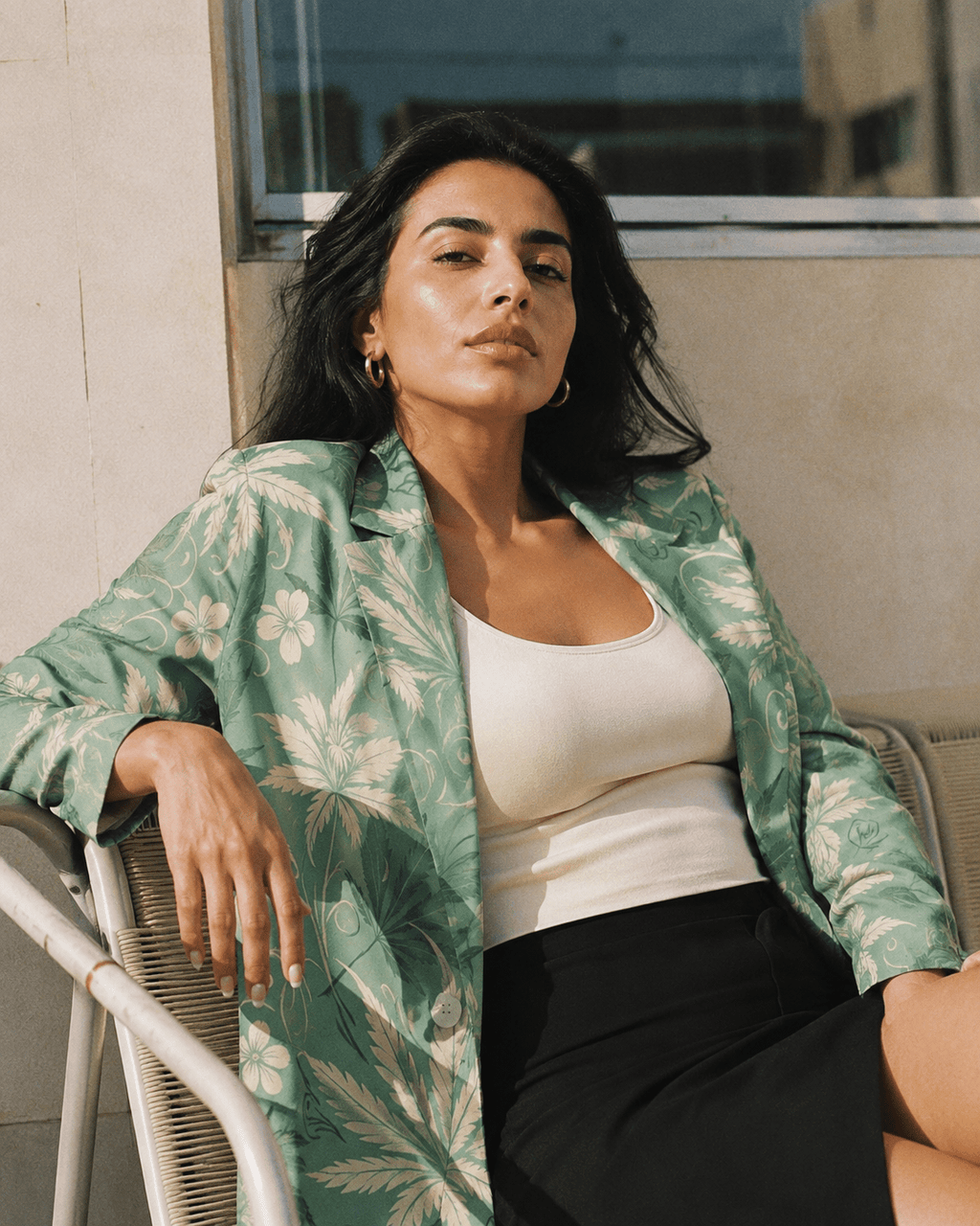 Durban all-over print shirt blazer, full length view on model outdoors