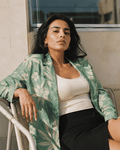 Durban all-over print shirt blazer, full length view on model outdoors