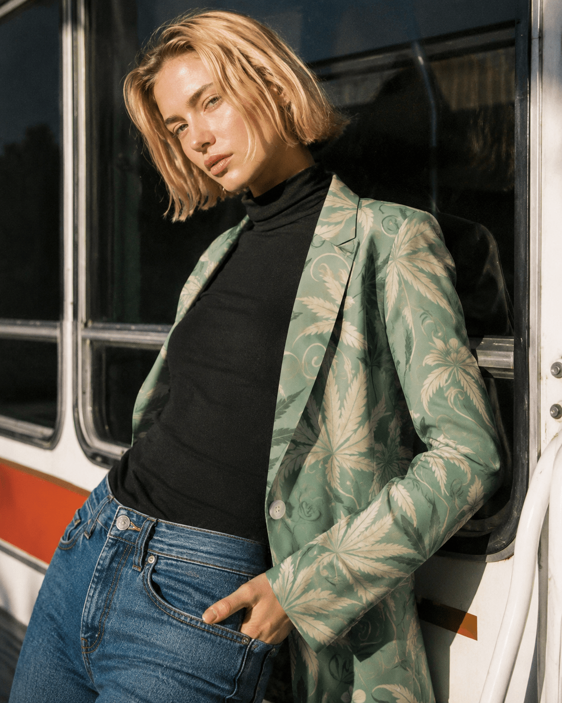 Durban all-over print shirt blazer, side view on model