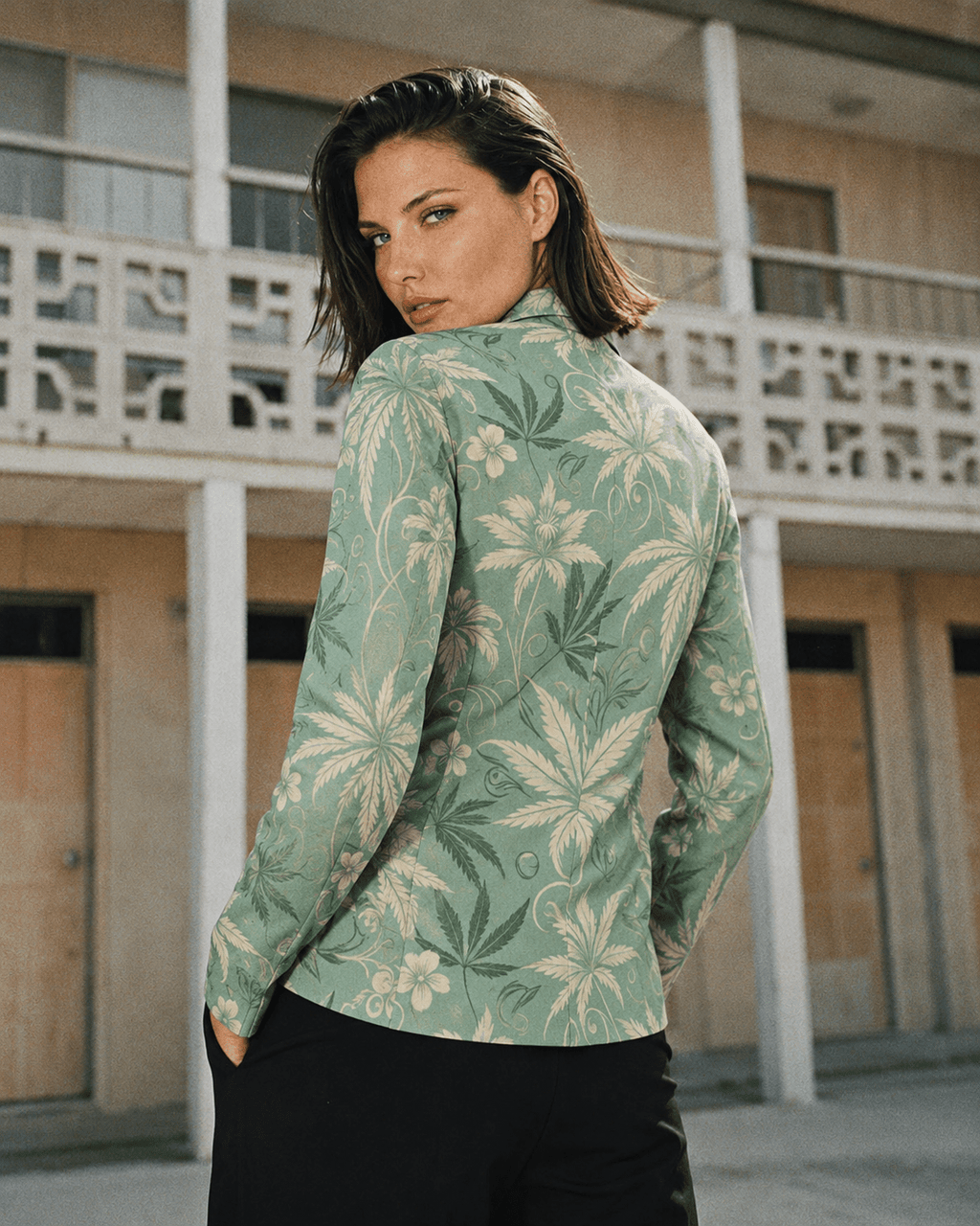 Durban all-over print shirt blazer, lifestyle editorial shot on model