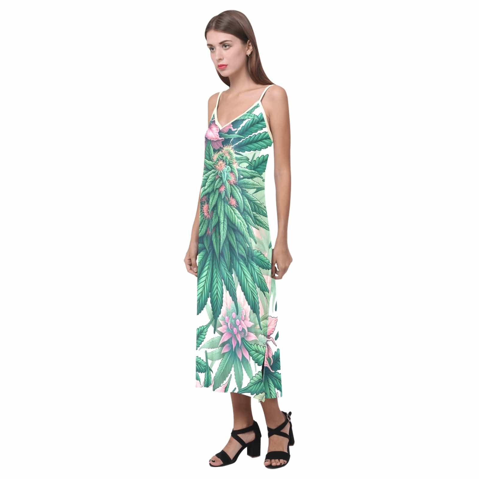 Pink Haze Silky Dress V-Neck Open Fork Long Dress( D18)