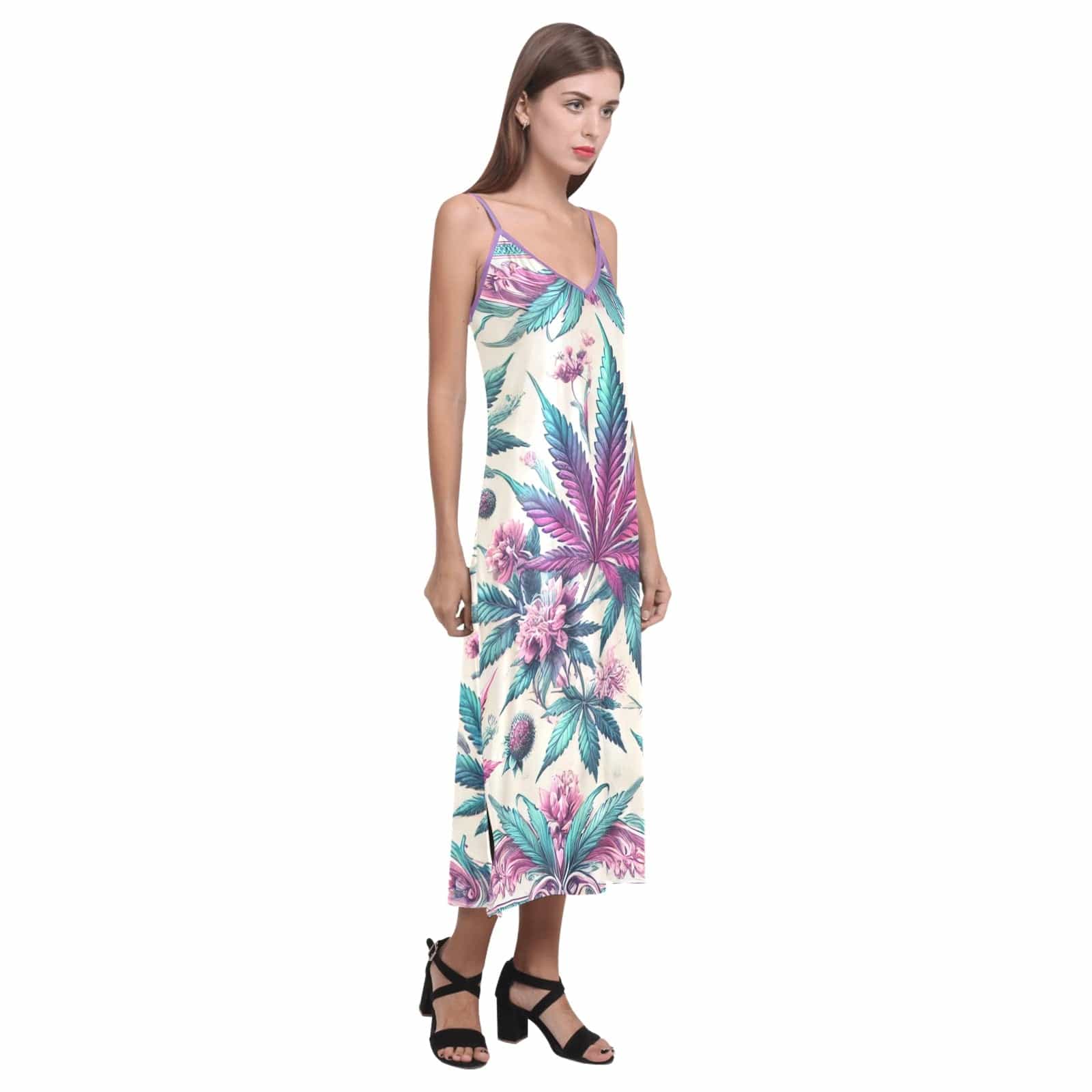 Roller Queen Silky Dress V-Neck Open Fork Long Dress( D18)