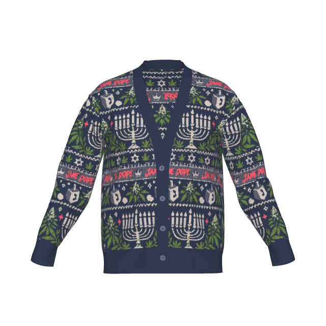 Get Lit Hanukkah cardigan original front reference, with navy trim and knitted holiday motifs.