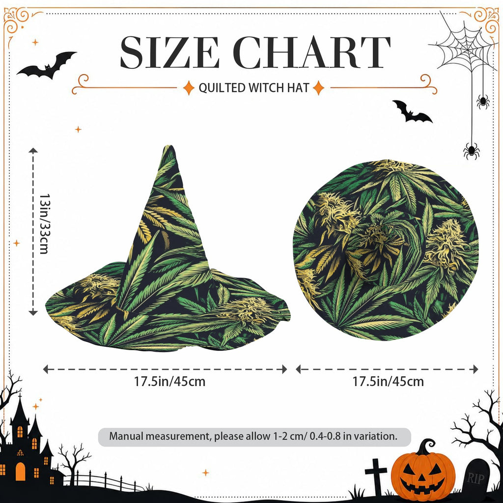 Big Buds quilted witch hat size chart: 17.5 inches wide and 13 inches tall.