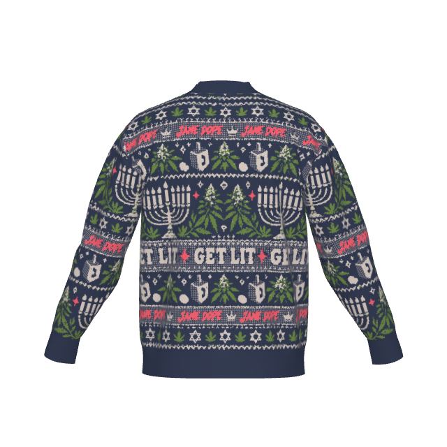 Get Lit Hanukkah cardigan original back reference, with navy trim and knitted holiday motifs.