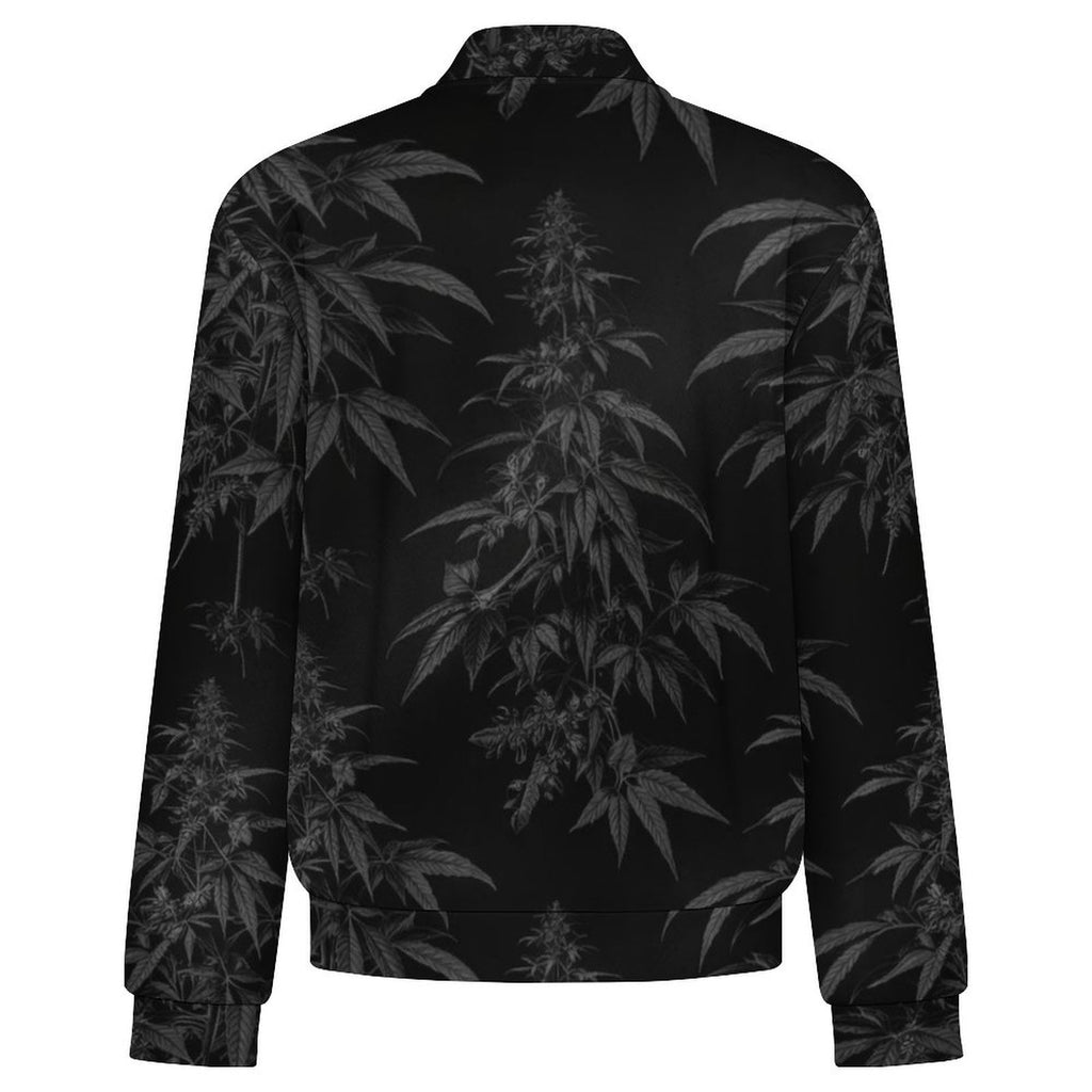 Black Widow bomber jacket, original product-only back view showing flowering botanical branches.