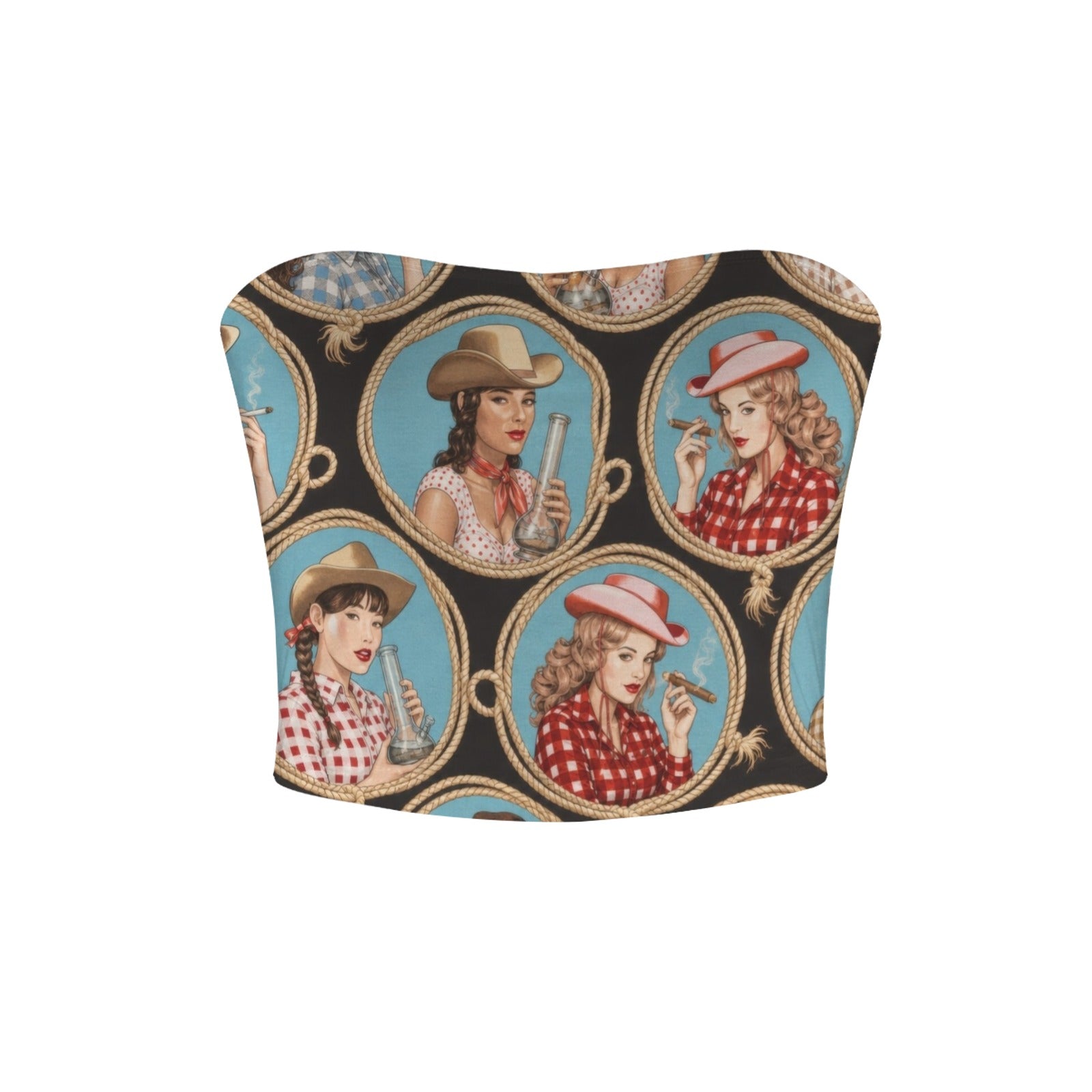 STAMPEDE graphic print crop tube top, flat lay showing full print