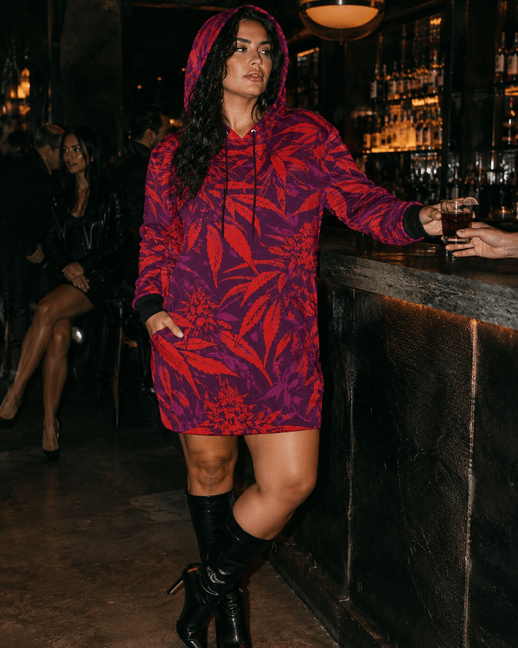 Electric green print hoodie mini dress, lifestyle editorial shot on model