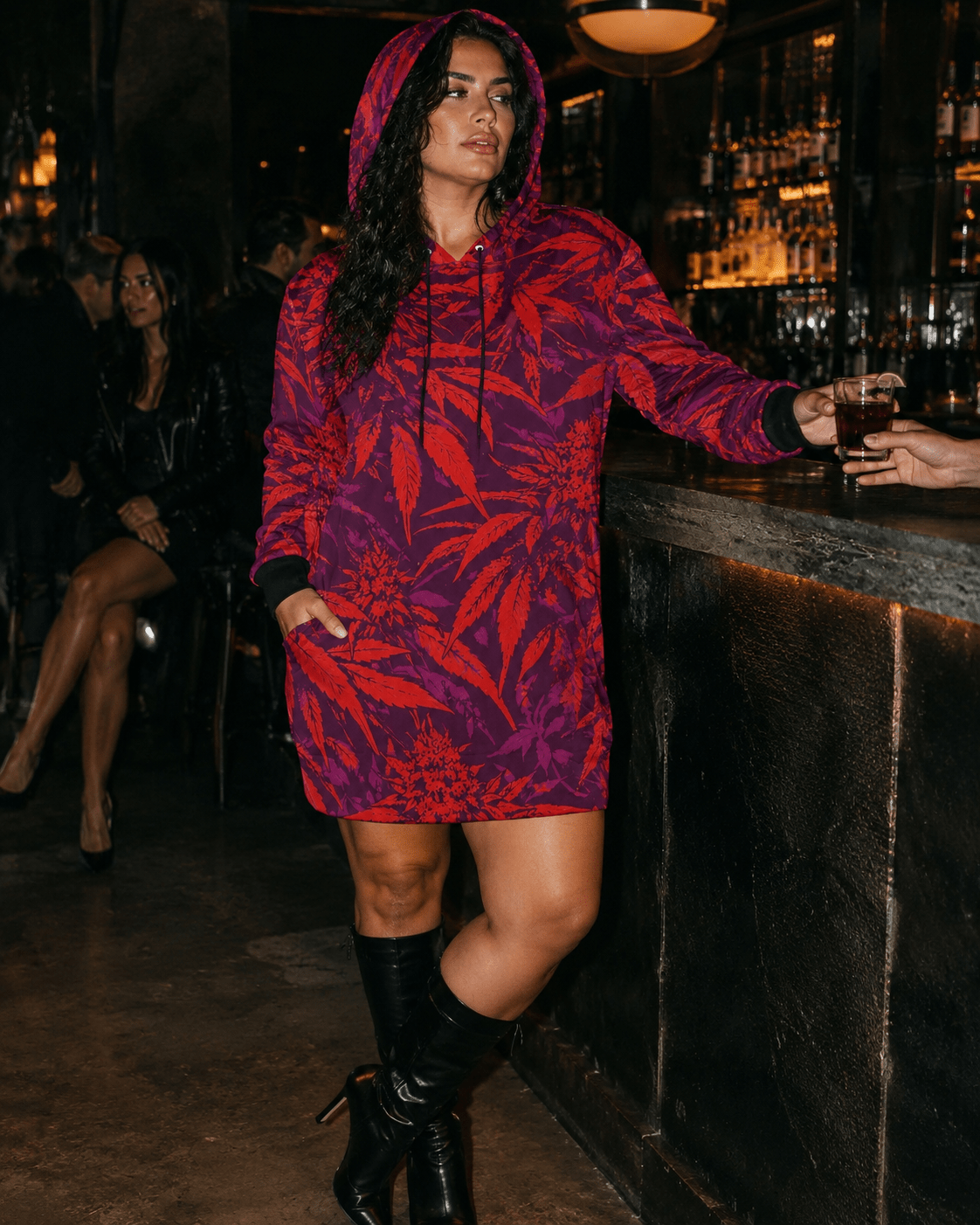 Electric green print hoodie mini dress, lifestyle editorial shot on model