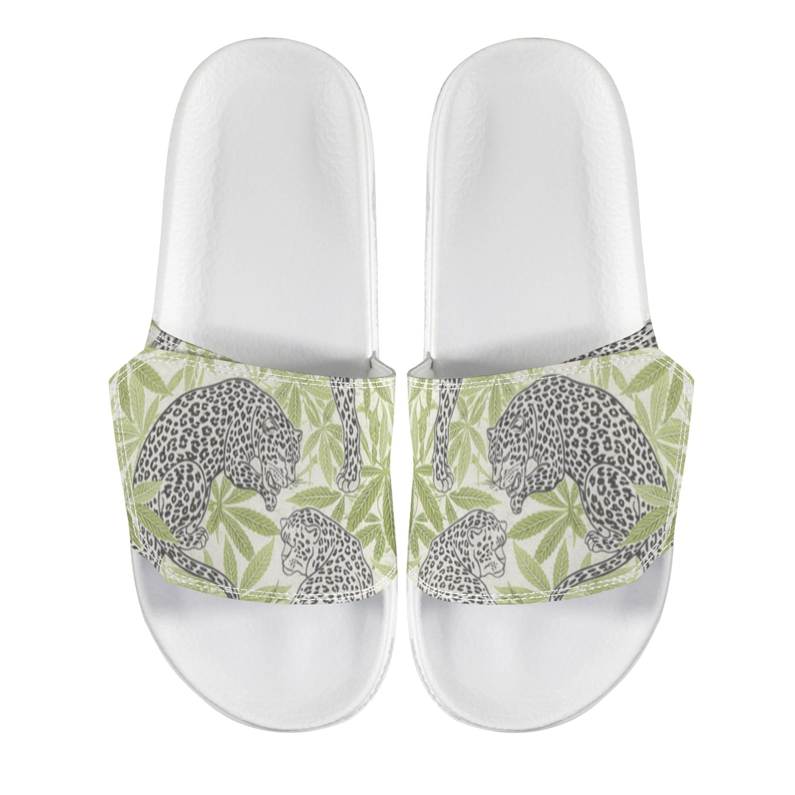 Leopard print velcro strap slide sandals, top-down flat lay