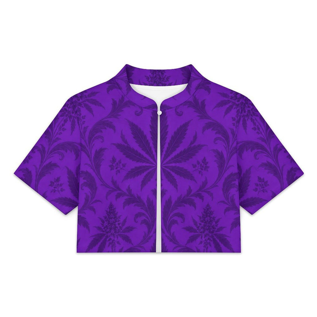 Front product view of the purple Gelato bolero showing its botanical print, short sleeves, open front and single white collar button.