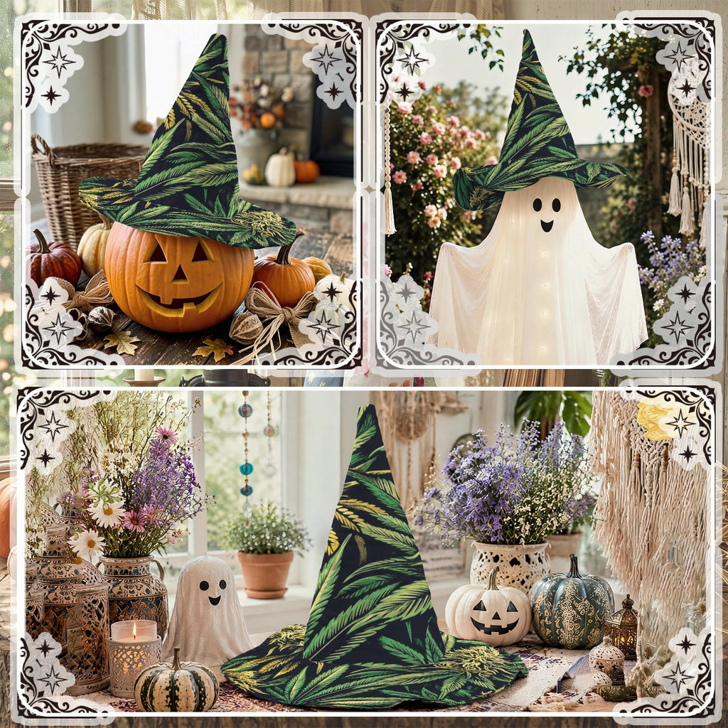 Supplier styling collage of the Big Buds witch hat with Halloween decorations.