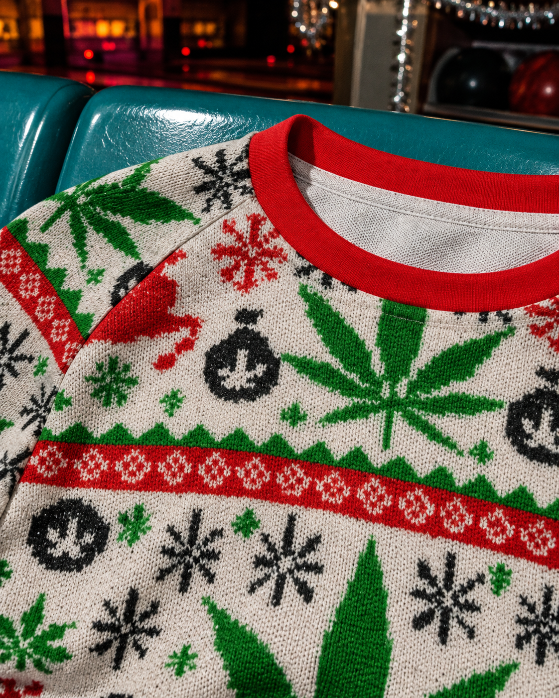 Festive AF sweatshirt close-up of red crew neck, raglan seam and holiday print