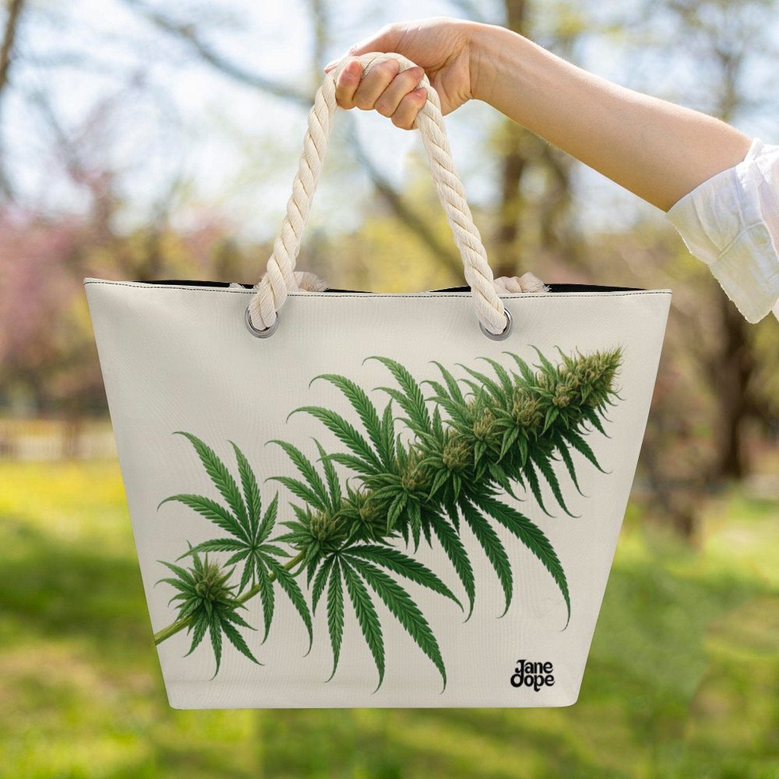 Flora floral print hemp rope tote, lifestyle shot on shoulder