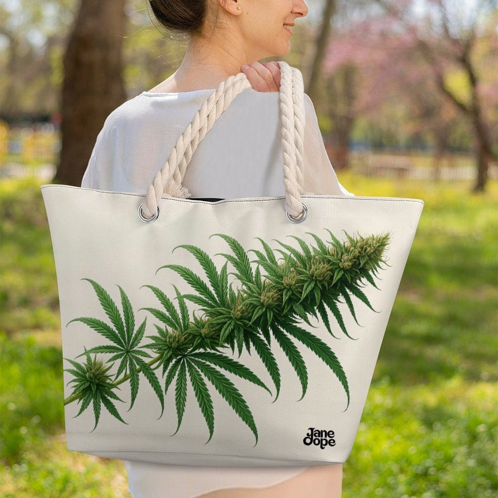 Flora floral print hemp rope tote, flat lay top-down view