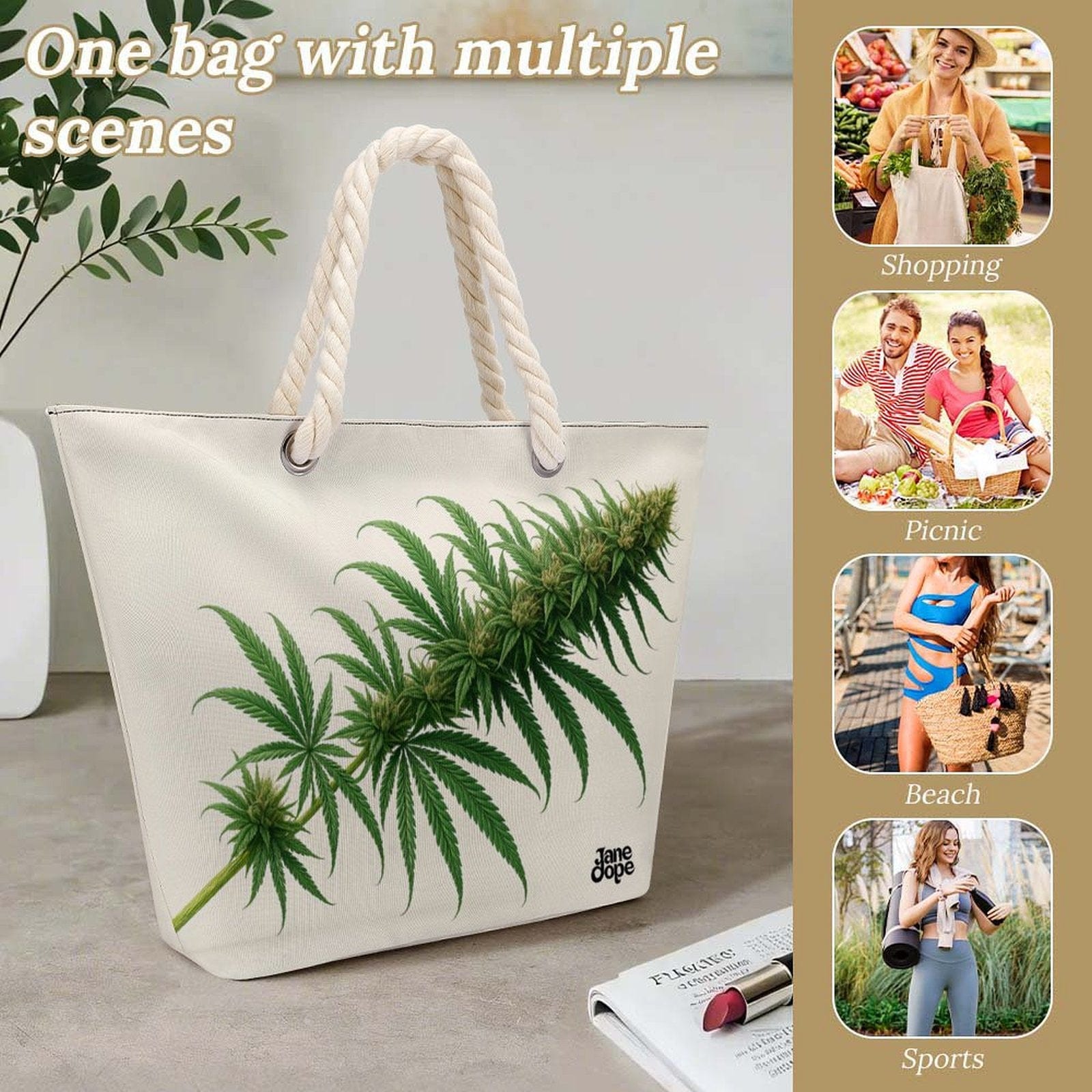 Flora floral print hemp rope tote, side view showing depth