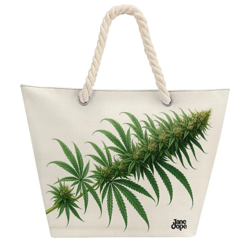Jane Dope floral bloom print open-top tote bag with hemp rope handles, front view in white
