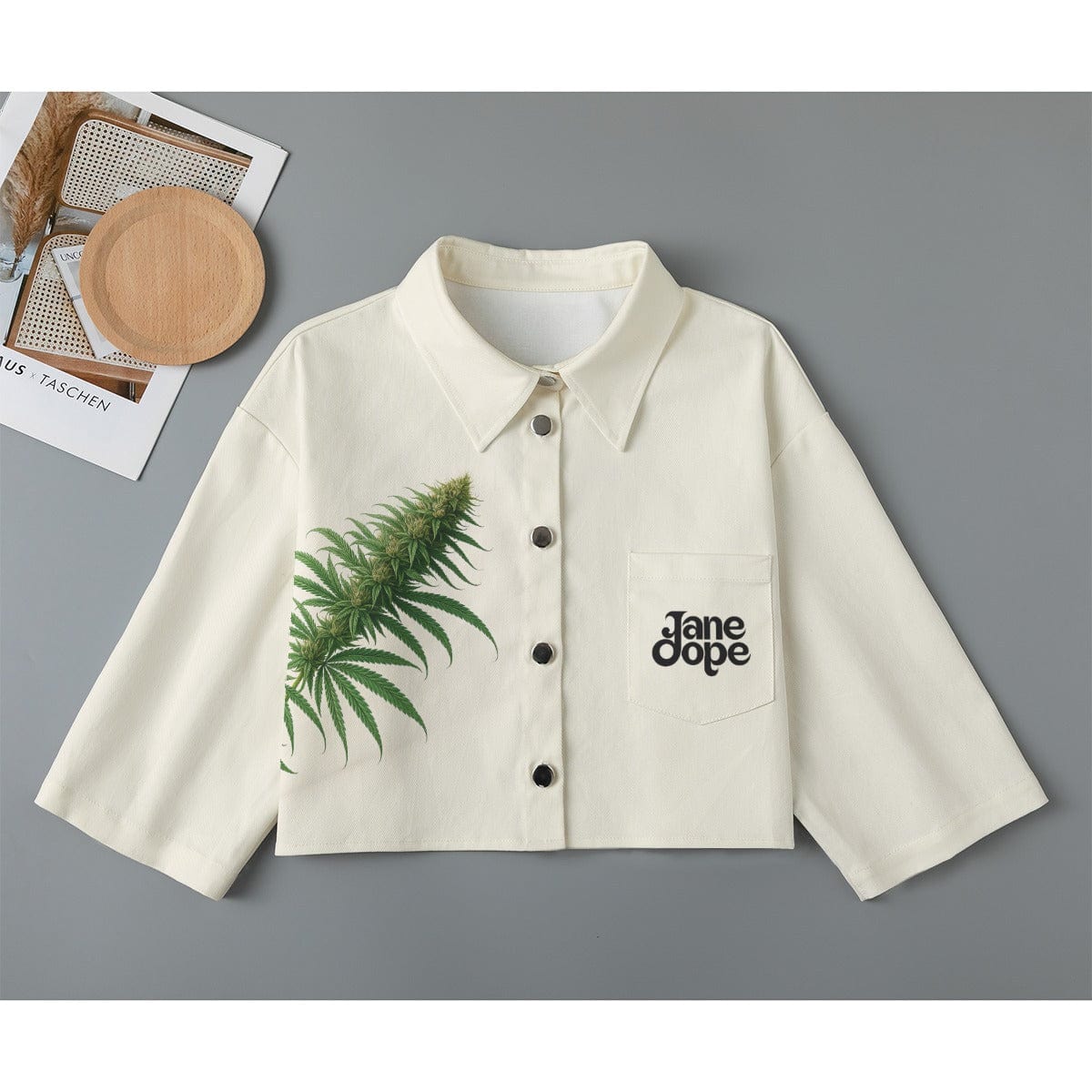 Floral bloom print cropped cotton jacket in white, flat lay front