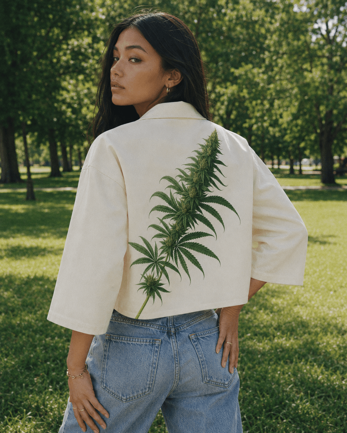 Floral bloom print cropped cotton jacket, side view on model