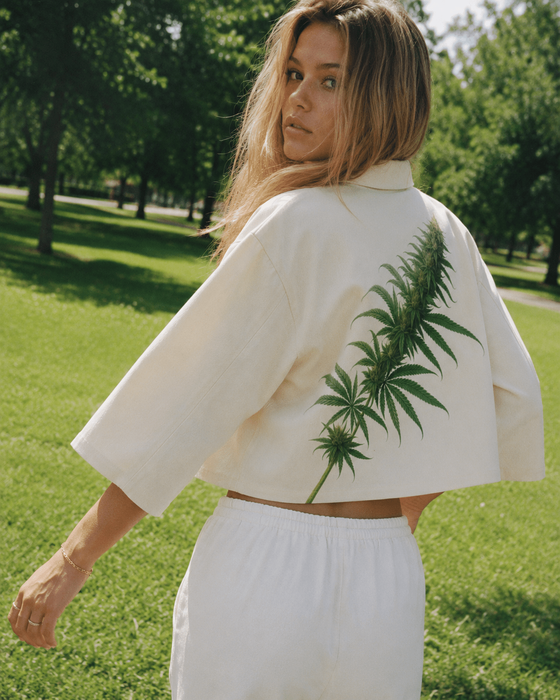Floral bloom print cropped cotton jacket, lifestyle editorial shot on model
