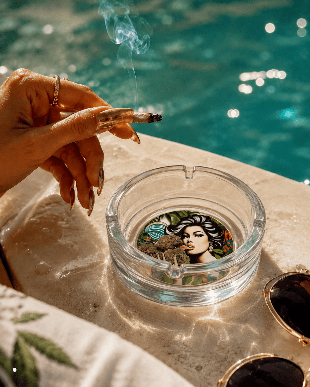 Jane Dope flower-shaped clear glass ashtray, front view