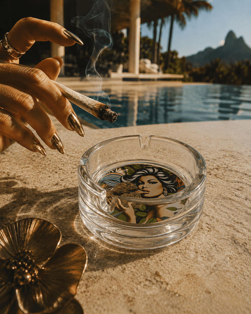 Flower-shaped glass ashtray, lifestyle shot on side table