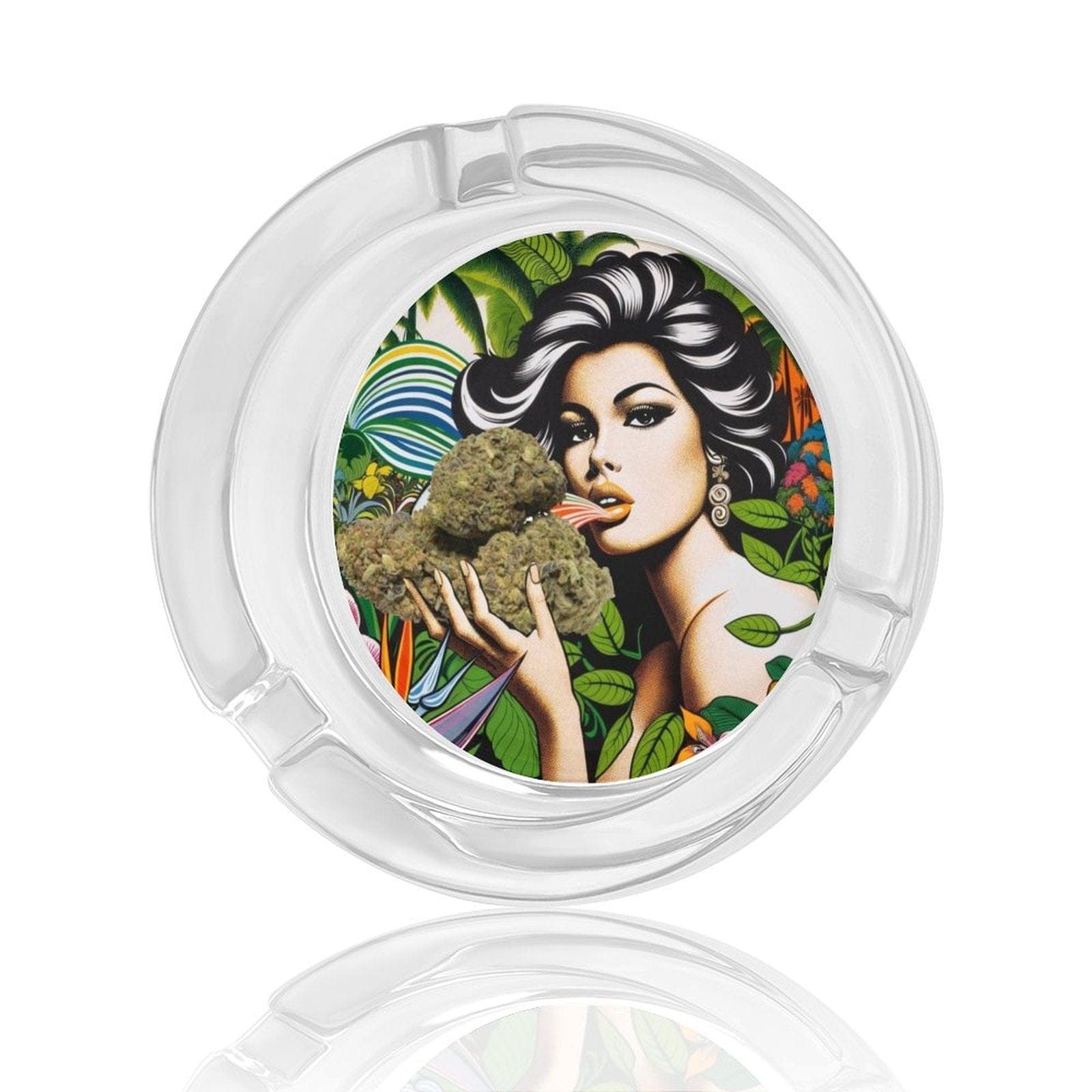 Flower-shaped glass ashtray, side profile view