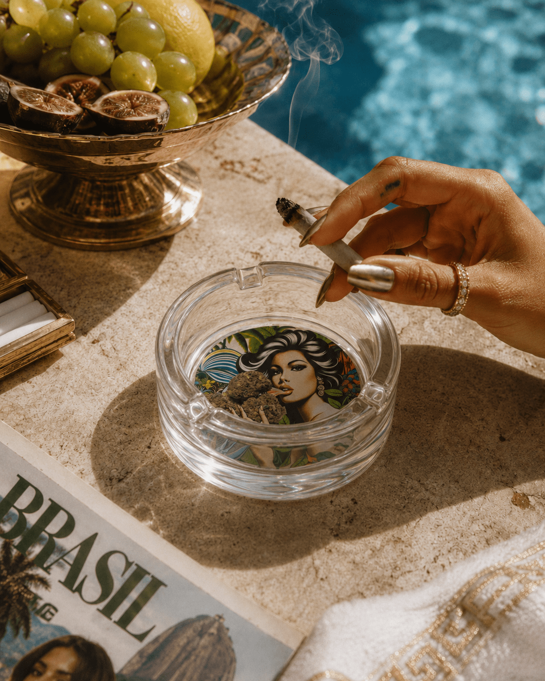 Flower-shaped glass ashtray, close-up showing petal detail