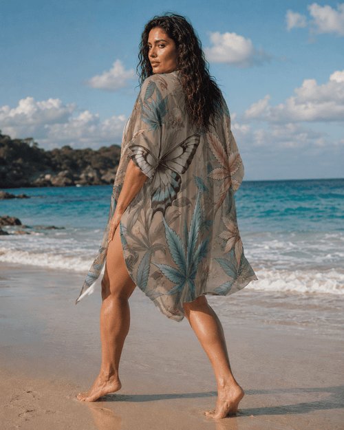 Jane Dope sheer all-over print long beach cover-up, front view on model