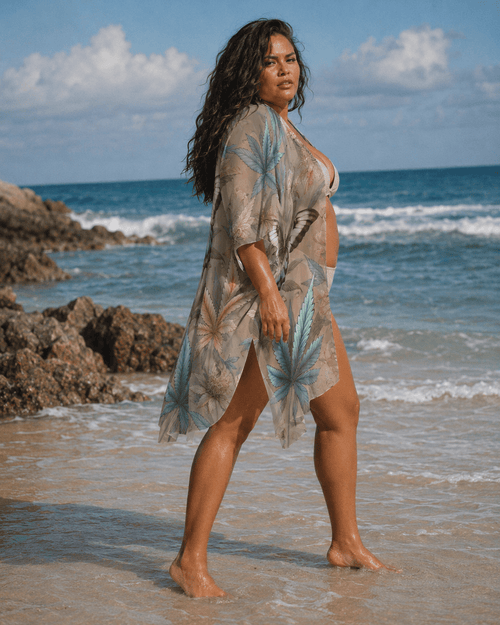 All-over print beach cover-up, back view showing sheer fabric
