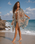 All-over print beach cover-up, full length view on model outdoors