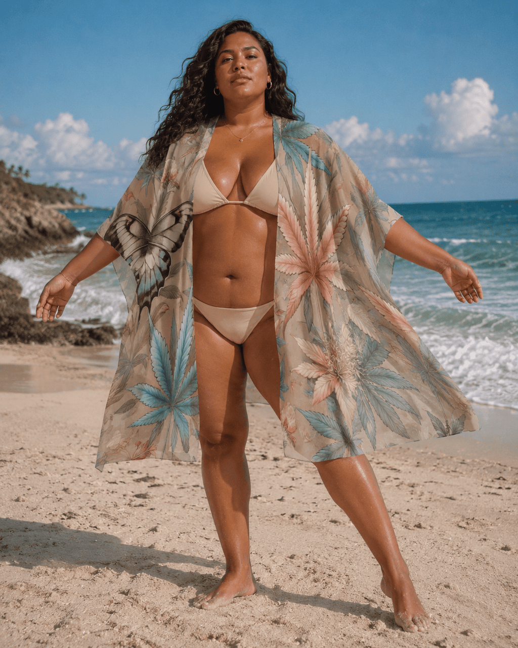 All-over print beach cover-up, open showing silhouette and drape