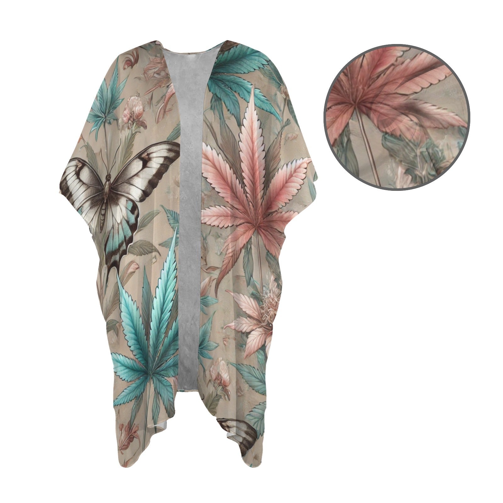 All-over print beach cover-up, open showing silhouette