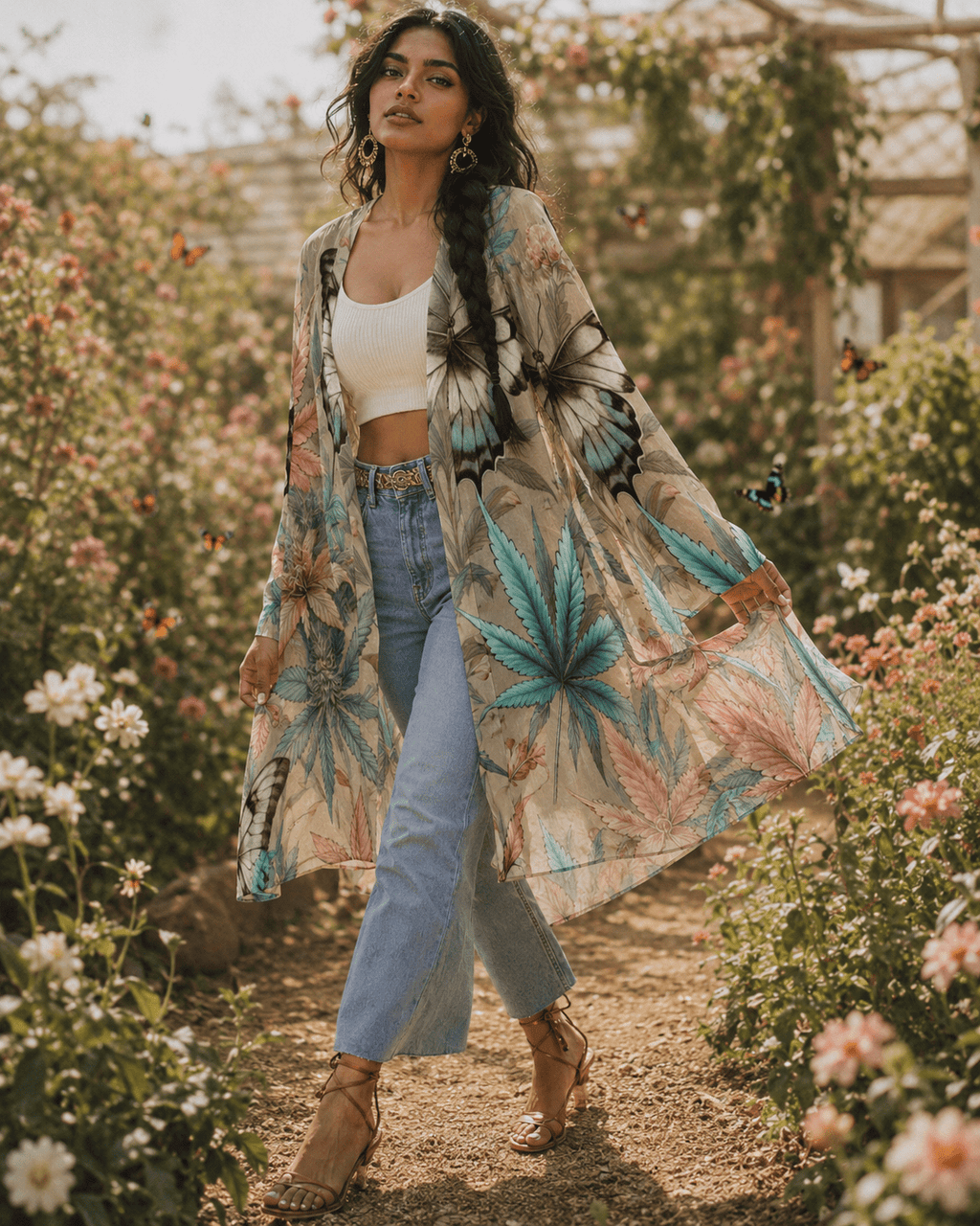 All-over print mid-length cardigan, lifestyle editorial shot on model