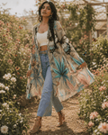 All-over print mid-length cardigan, lifestyle editorial shot on model