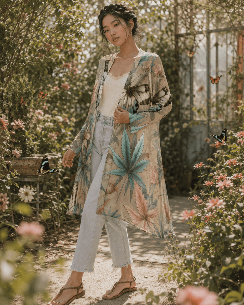 All-over print mid-length cardigan, back view on model