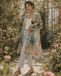 All-over print mid-length cardigan, back view on model