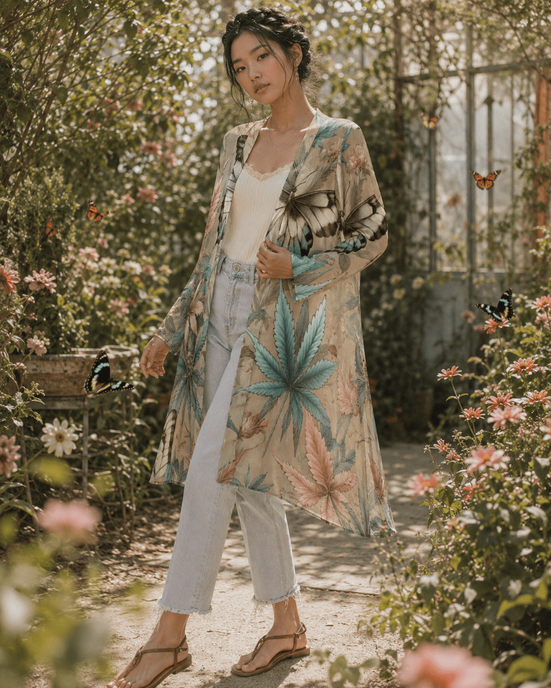 All-over print mid-length cardigan, back view on model