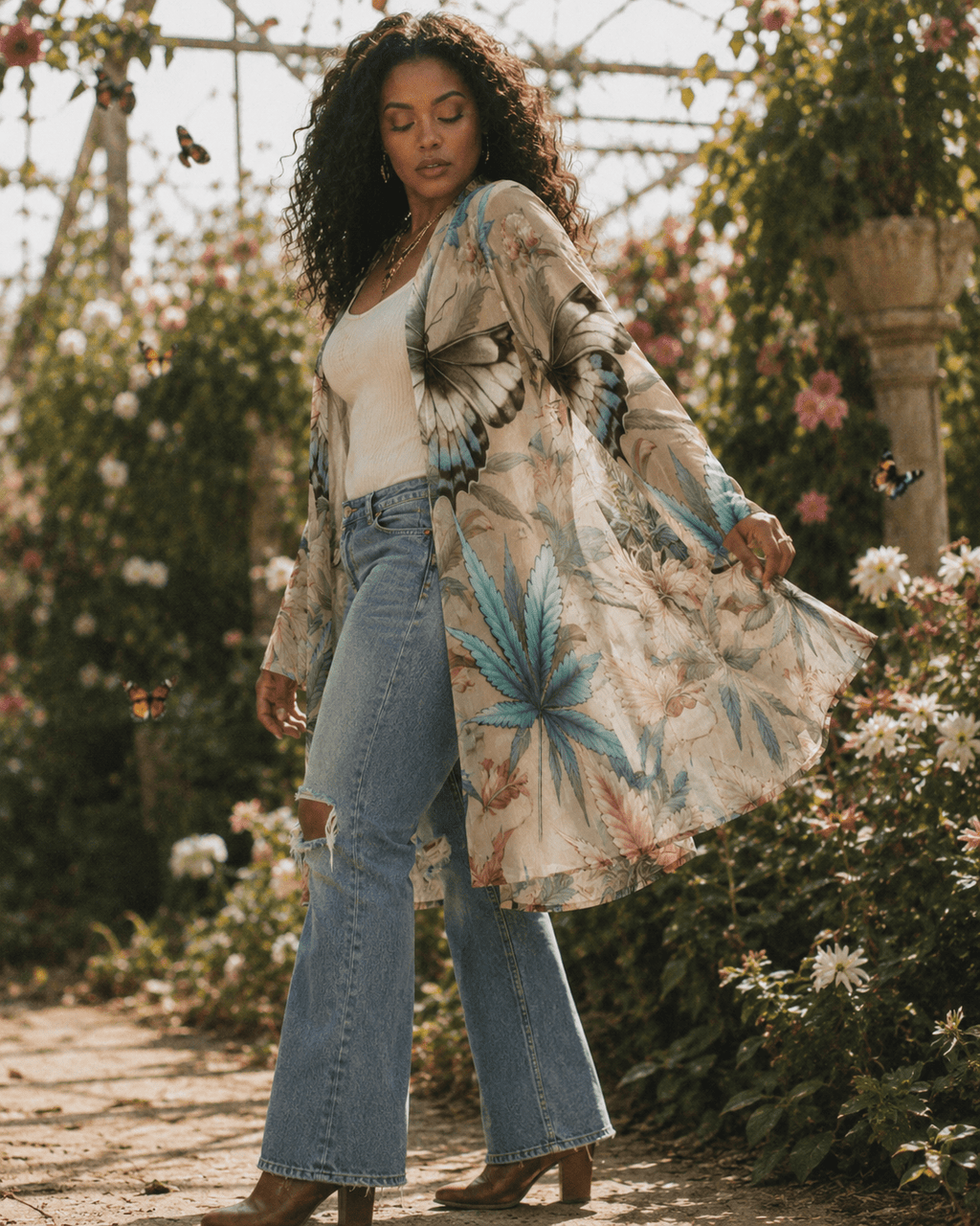 All-over print mid-length cardigan, three-quarter view on model