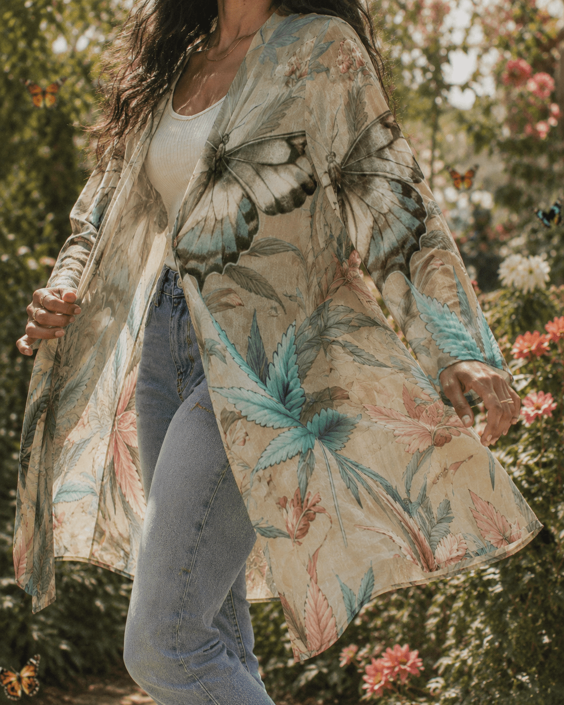 All-over print mid-length cardigan, full length view on model outdoors