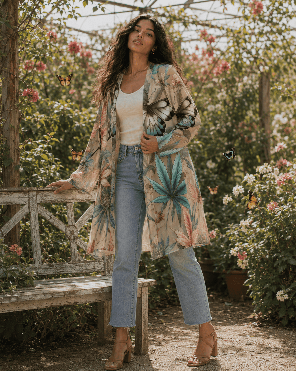 All-over print mid-length cardigan, side view showing drape