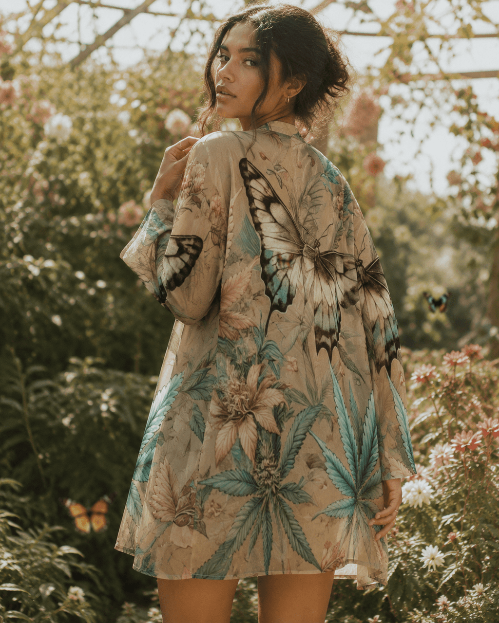 All-over print mid-length cardigan, seated lifestyle shot on model