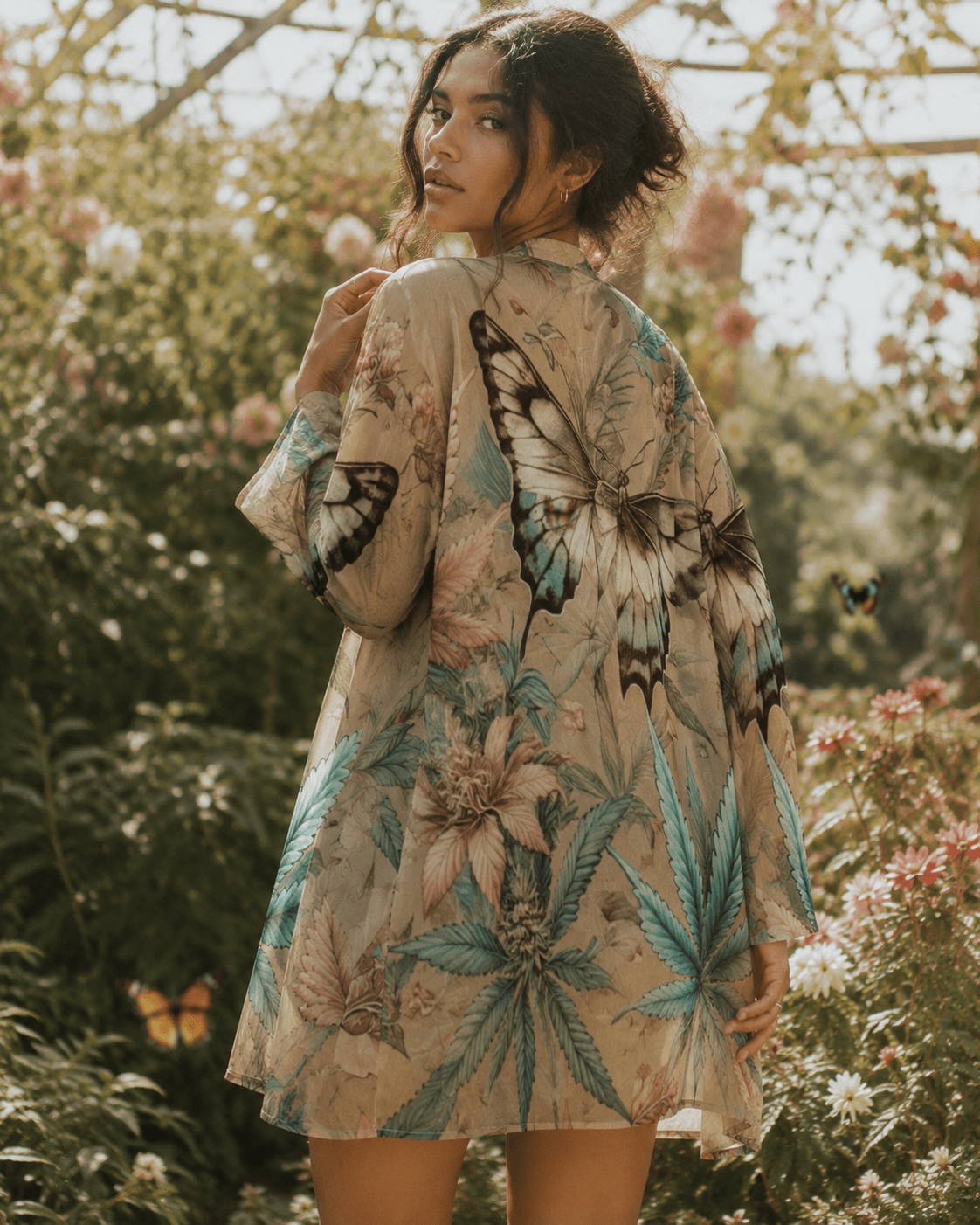 All-over print mid-length cardigan, seated lifestyle shot on model