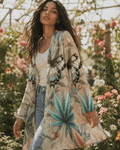 Jane Dope all-over print open-front mid-length cardigan, front view on model