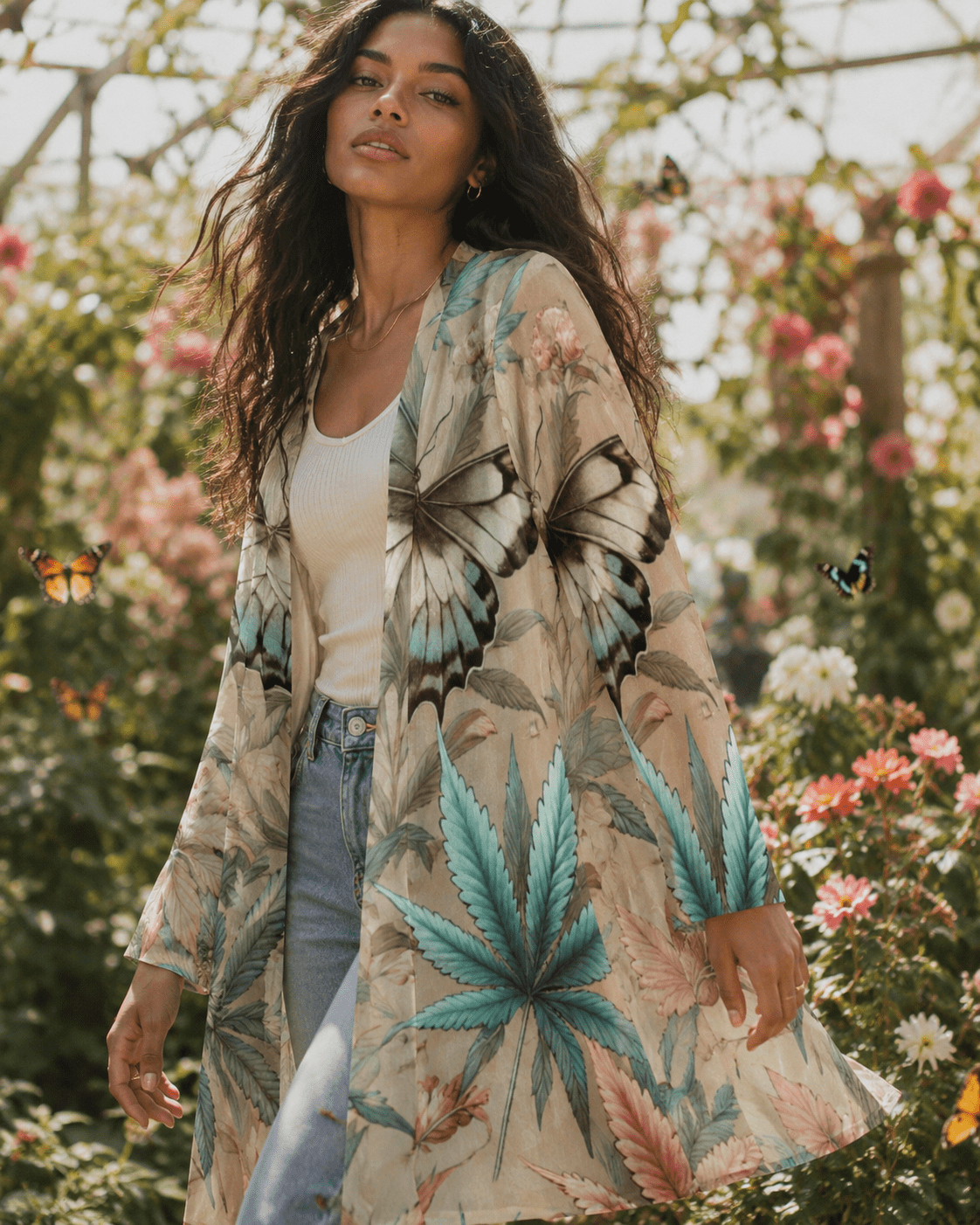 Jane Dope all-over print open-front mid-length cardigan, front view on model