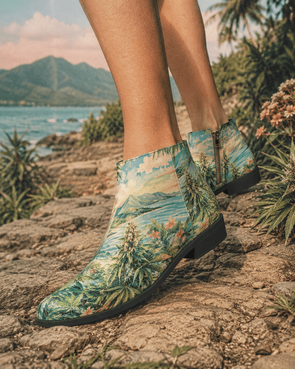 Tropical patterned boots worn outdoors with a scenic background