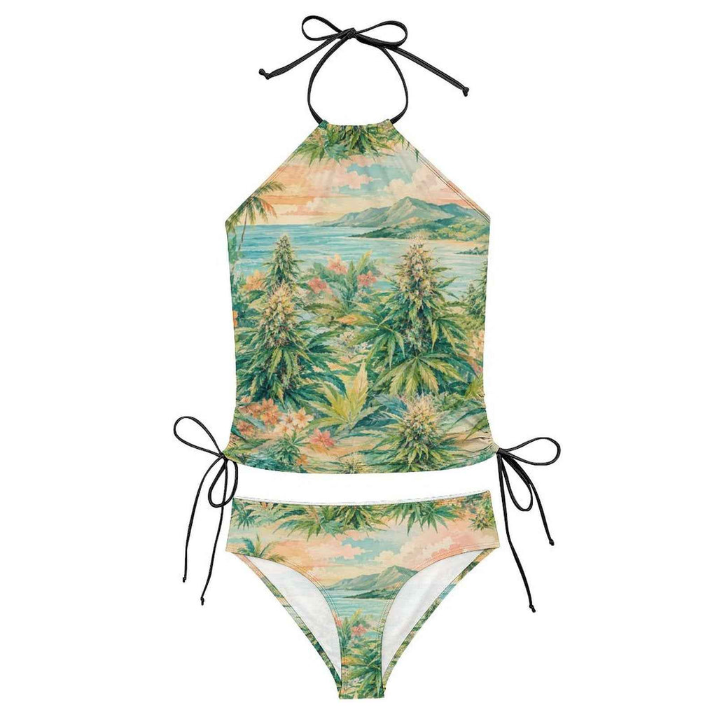 Ganja breeze tropical print tankini bikini, back view on model