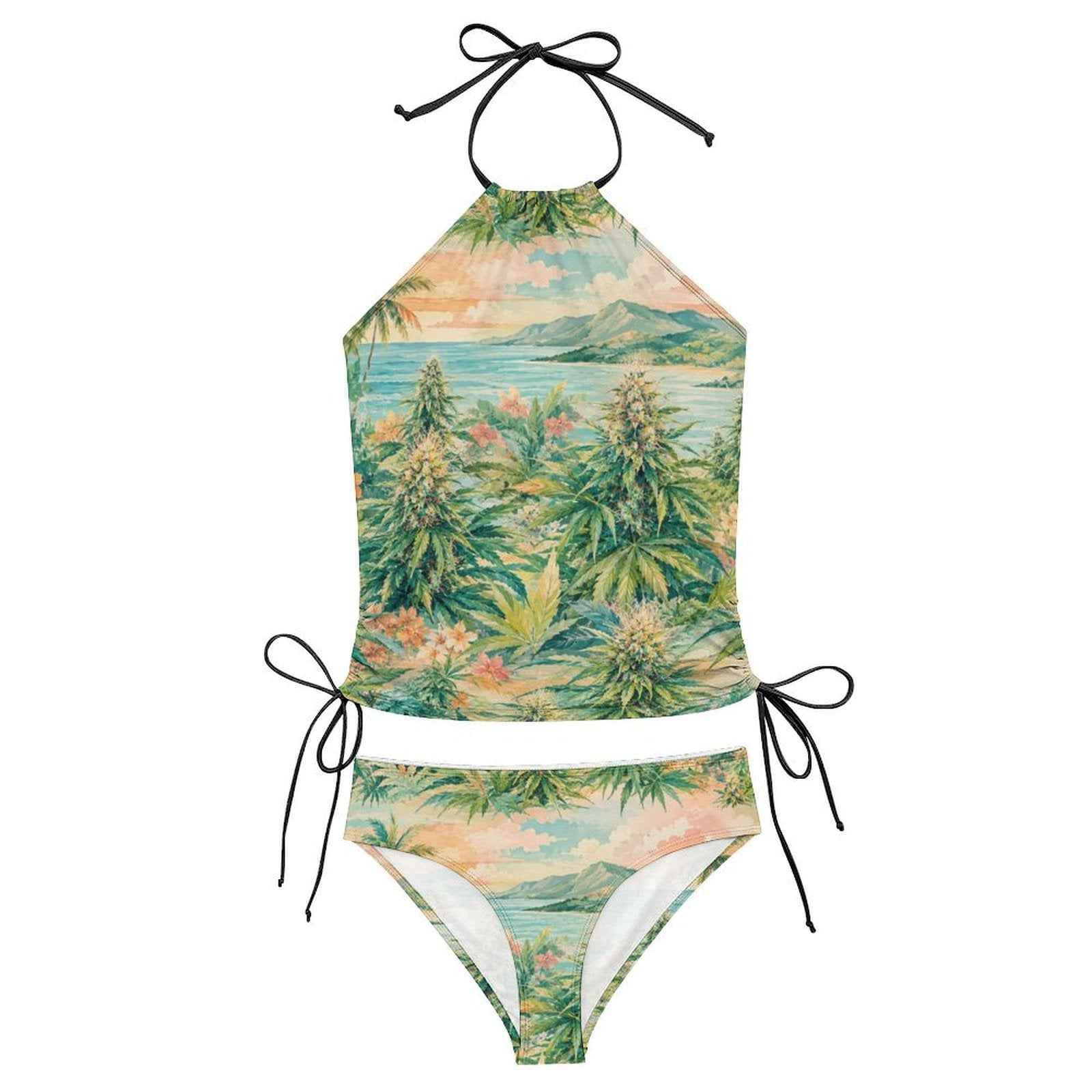 Ganja breeze tropical print tankini bikini, back view on model
