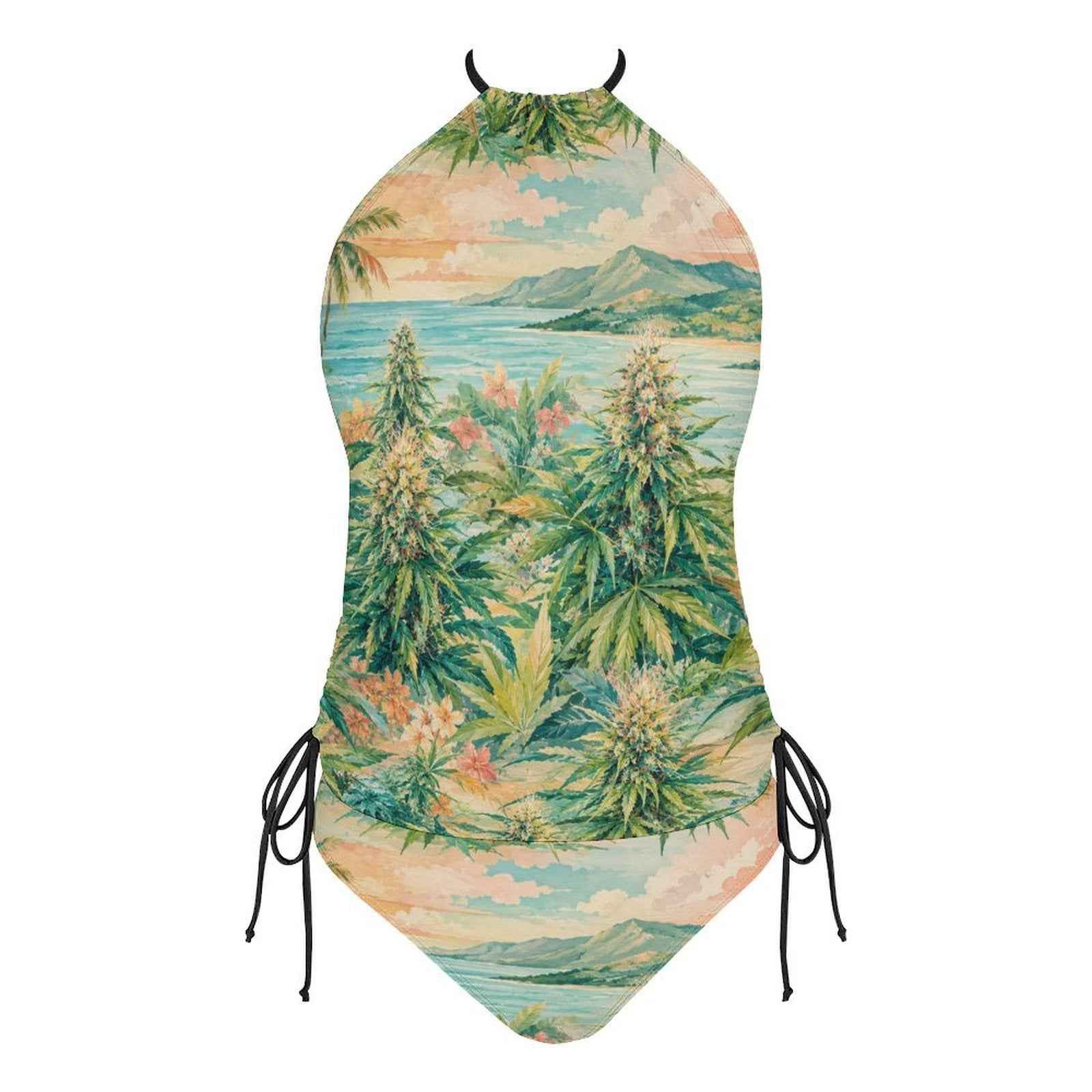 Ganja breeze tropical print tankini bikini, side view on model